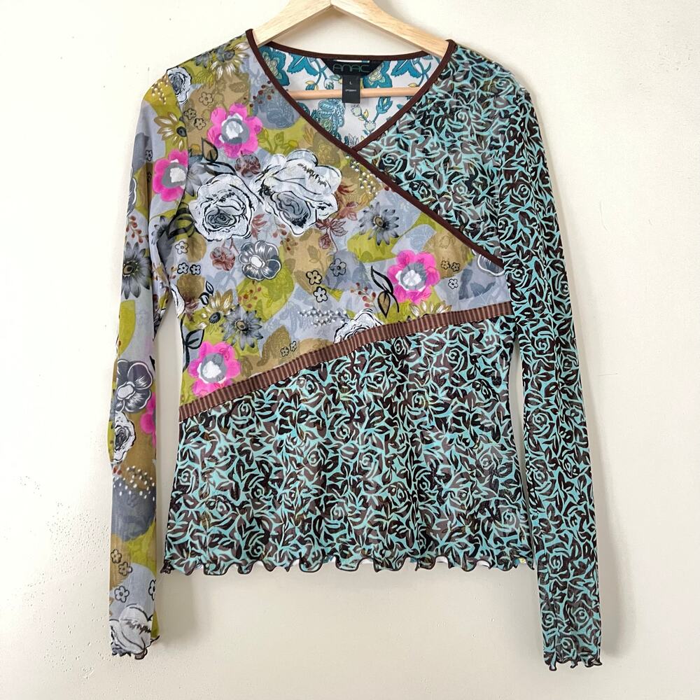 ANAC Vintage y2K Women's Mesh Lettuce Scallop‎ Top Large Sheer Fairy Art to Wear